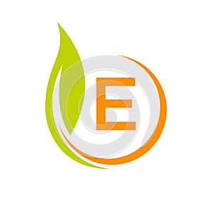 Healthy Natural Product Label Logo On Letter E Template. Letter E Eco Friendly, Green Tree Leaf Ecology Vector Concept
