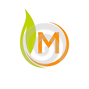Healthy Natural Product Label Logo On Letter M Template. Letter M Eco Friendly, Green Tree Leaf Ecology Vector Concept