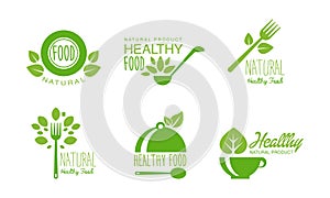 Healthy natural product logos set, green labels for eco, organic, vegan, raw, healthy food vector Illustration on a