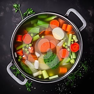 Healthy nourishment bowl with super-foods and fresh mixed vegetables. overhead view on pieces of carrot, broccoli, onion