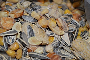 Healthy nut snacks, peanuts, sunflower seeds, almonds, hazelnut