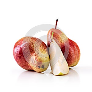 Healthy, nutrition or pear in studio for appetizer, tasty treat or fresh food diet. Pyrus communis, white background and