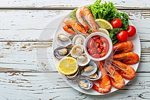 Healthy nutrition plate with colourful sea food on white wooden background