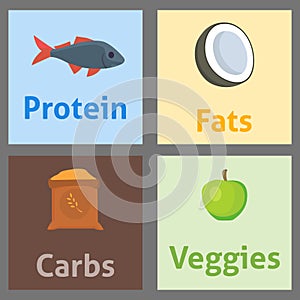 Healthy nutrition proteins fats carbohydrates balanced diet cooking culinary and food concept vector.