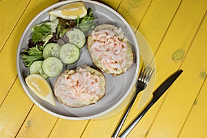 Healthy nutritional low-calorie slimming meal. Prawns on jacket