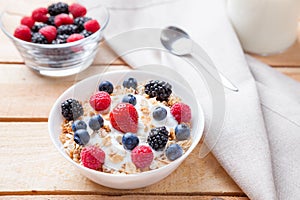 Healthy and nutritious yogurt with cereal and fresh raw berries