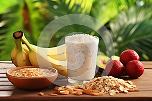 Healthy oatmeal and bananas breakfast with fresh yogurt served on a sunlit morning table