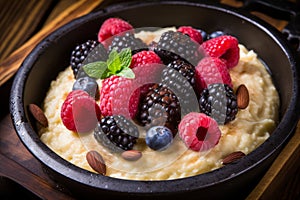 Healthy oatmeal breakfast with fresh berries and nuts concept for nutritious morning meal option