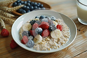 Healthy oatmeal and summer berries with a glass of milk on a rustic wooden table