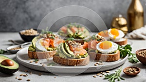 Healthy open sandwiches on multigrain wholegrain toast with avocado,