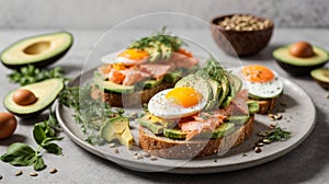 Healthy open sandwiches on multigrain wholegrain toast with avocado,