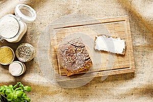 Healthy organic bread on wooden cutting board country side bakery