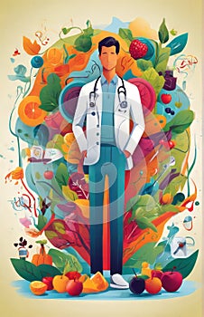 Healthy Organic Diet Nutrition Illustration Concept with a doctor depicting that good health depends on a healthy lifestyle