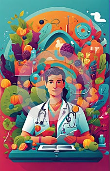 Healthy Organic Diet Nutrition Illustration Concept with a doctor depicting that good health depends on a healthy lifestyle