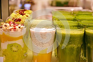 Healthy organic drinks. Freshly prepared healthy drinks, refreshing fruit juice and fruit yogurt.