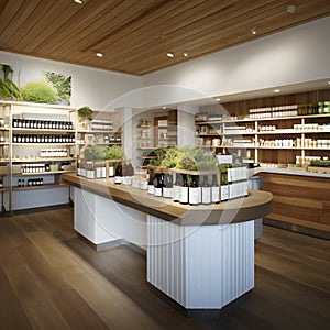 Healthy organic food, cosmetics and bio store interior. Or pharmacy.