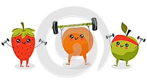 Healthy organic fruit doing sport exercise, kawaii cartoon character, vector illustration