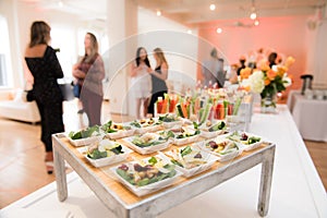 Healthy organic gluten-free delicious green snacks salads on catering table during corporate event partyÑŽ