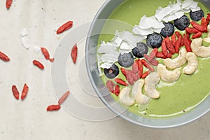 Healthy organic Green smoothie bowl for breakfast. Healthy eating concept.