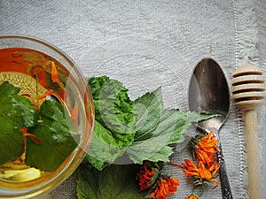 Healthy organic herbal tea with calendula and dry leaves of blackcurrant and mulberry.