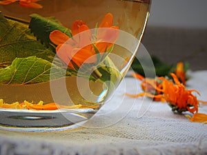 Healthy organic herbal tea with calendula and dry leaves of blackcurrant and mulberry.