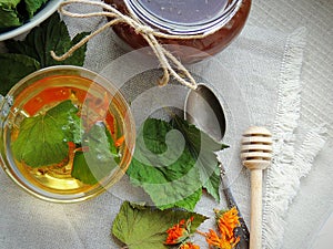 Healthy organic herbal tea with calendula and dry leaves of blackcurrant and mulberry.