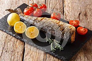 Healthy organic humpback salmon grill close-up on a slate board. horizontal