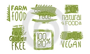 Healthy Organic Natural Farm Food Green Labels Templates Set, Eco Bio Products Badges Hand Drawn Vector Illustration