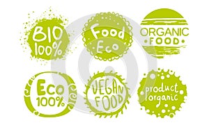 Healthy Organic Natural Farm Food Green Labels Templates Set, Eco Bio Products Badges Vector Illustration