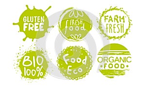 Healthy Organic Natural Farm Food Labels Templates Set, Green Eco Bio Products, Gluten Free Badges Vector Illustration