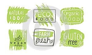 Healthy Organic Natural Farm Food Labels Templates Set, Green Eco Bio Products Hand Drawn Badges Vector Illustration