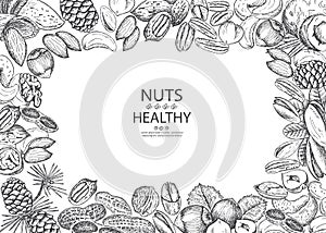 Healthy organic nuts. Vector illustration frame. Vintage design