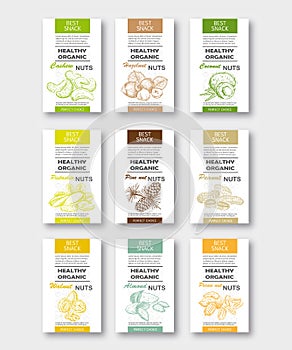 Healthy organic nuts vertical labels set. Vector packaging design.