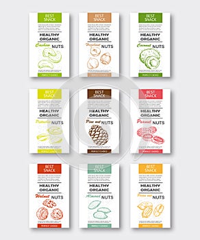 Healthy organic nuts vertical labels set. Vector packaging design.