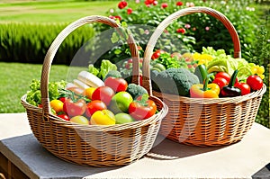 Healthy and Organic Picnic Hamper with Fresh Produce and Fruit in Wicker Basket. Generative Ai