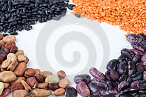 Healthy organic vegan vegetarian grain food cereal bean lentils ingredients mix with copy-space