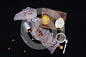 Healthy organic yellow pears on the desk. Fruit background. Ripe fresh organic pears on black background. Pear autumn harvest. Sli