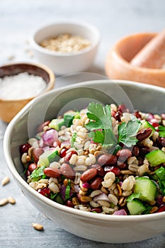 Healthy pearl barley salad with beans, cucumbers, red onion, sunflower seeds, pomegranate and parsley in bowl