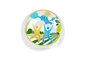 Healthy people logo, success farm symbol, nature happy partnership icon and therapy concept design