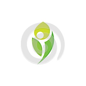 Healthy people vector logo, green leaf, man silhouette negative space. Organic food logotype template. Vegetarian