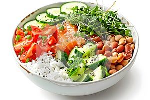 Healthy poke bowl salad meal of Salmon, avocado, cucumber, tomato, beans and rice on white background