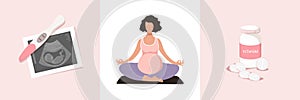 Healthy pregnancy illustration set, positive test and ultrasound scan, pregnant yoga, vitamins and dietary supplements