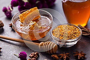 Healthy product of bee- honeycomb, pollen, propolis, honey photo