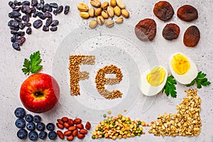 Healthy product sources of iron. Top view, food background, Fe ingredients on a white background