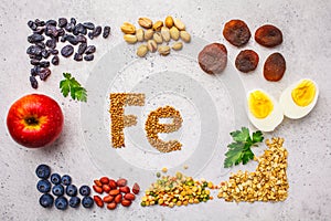 Healthy product sources of iron. Top view, food background, Fe ingredients on a white background