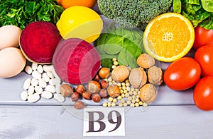 Healthy products and ingredients as source vitamin B9 acidum folicum, natural minerals, concept of nutritious eating photo