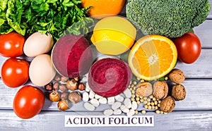 Healthy products and ingredients as source vitamin B9 acidum folicum, natural minerals, concept of nutritious eating photo