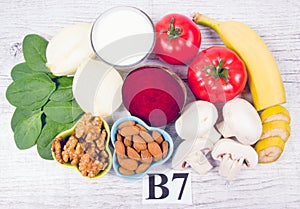 Healthy products and ingredients as source vitamin B7 biotin, dietary fiber and natural minerals, concept of nutritious eating