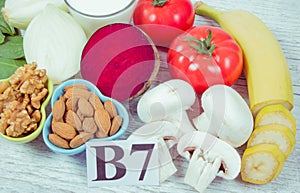Healthy products and ingredients as source vitamin B7 biotin, dietary fiber and natural minerals, concept of nutritious eating