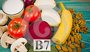 Healthy products and ingredients as source vitamin B7 biotin, dietary fiber and natural minerals, concept of nutritious eating